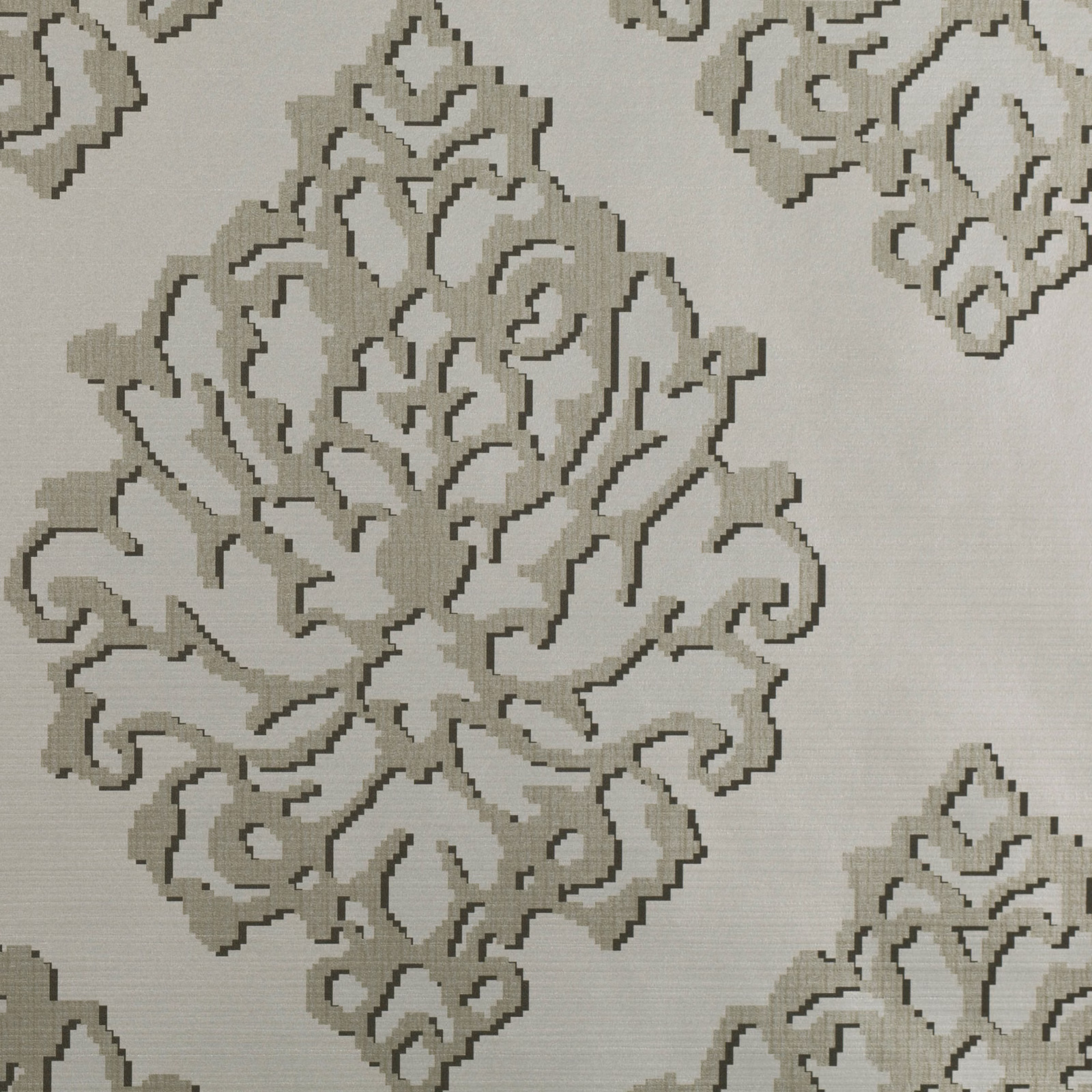 Pale taupe-grey wallpaper with oversized baroque floral sprays and olive-grey outlines