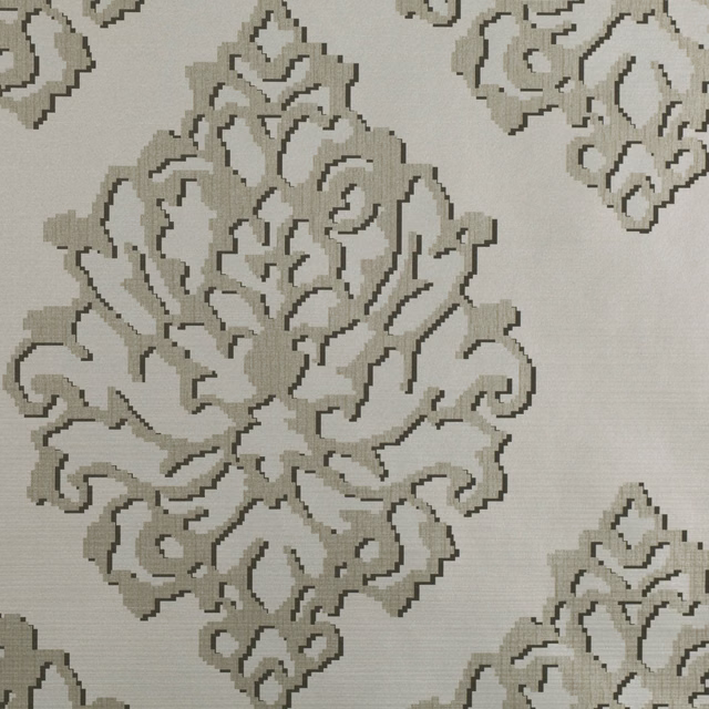 Pale taupe-grey wallpaper with oversized baroque floral sprays and olive-grey outlines