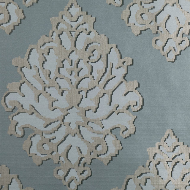Cool blue-grey wallpaper with oversized ivory and taupe scrolling floral motifs