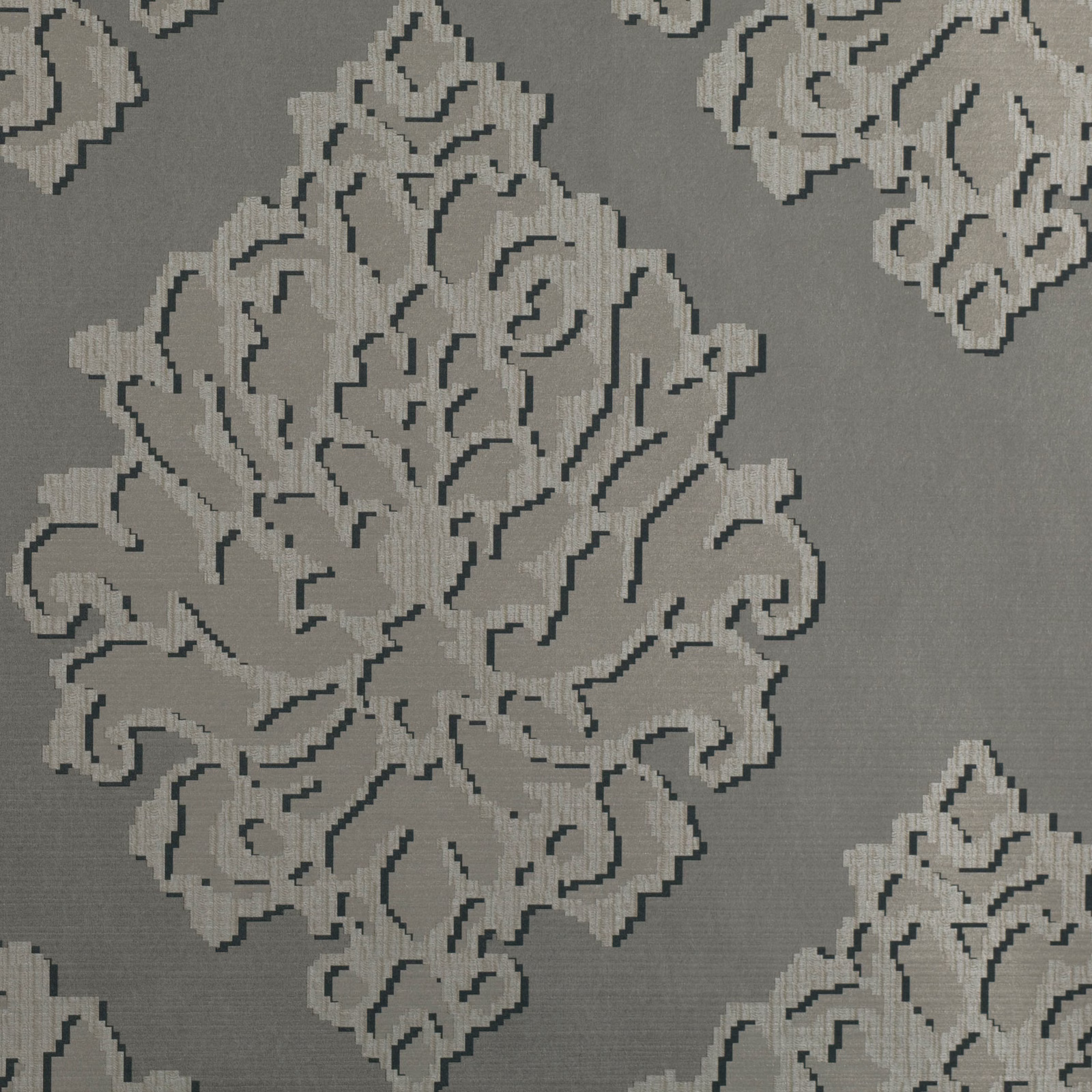 Smoky taupe-grey wallpaper with oversized pale baroque damask and fine linear texture