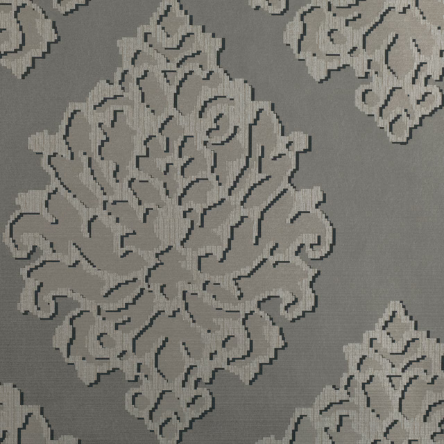 Smoky taupe-grey wallpaper with oversized pale baroque damask and fine linear texture