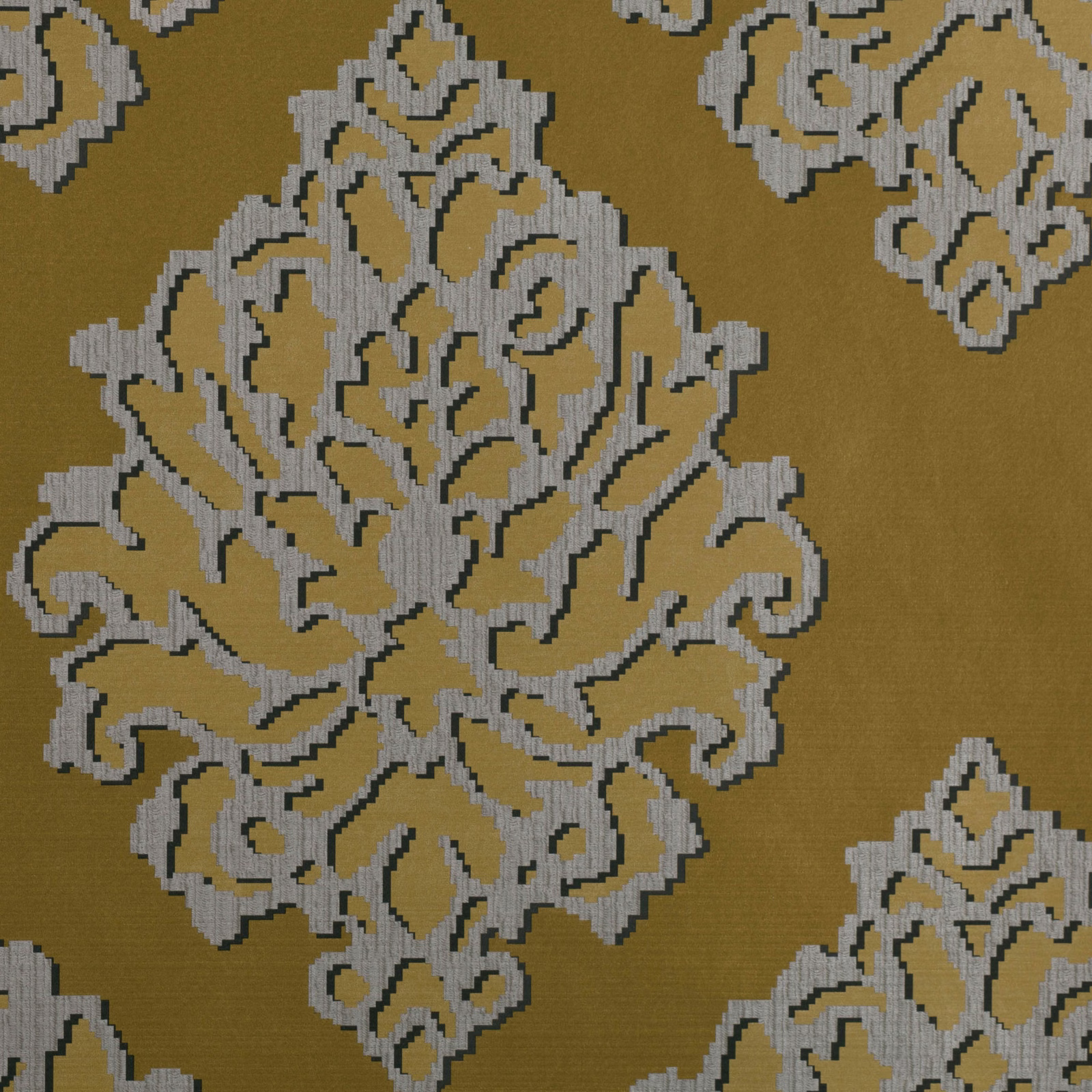 Warm ochre wallpaper with large pale grey damask motifs and charcoal outlines