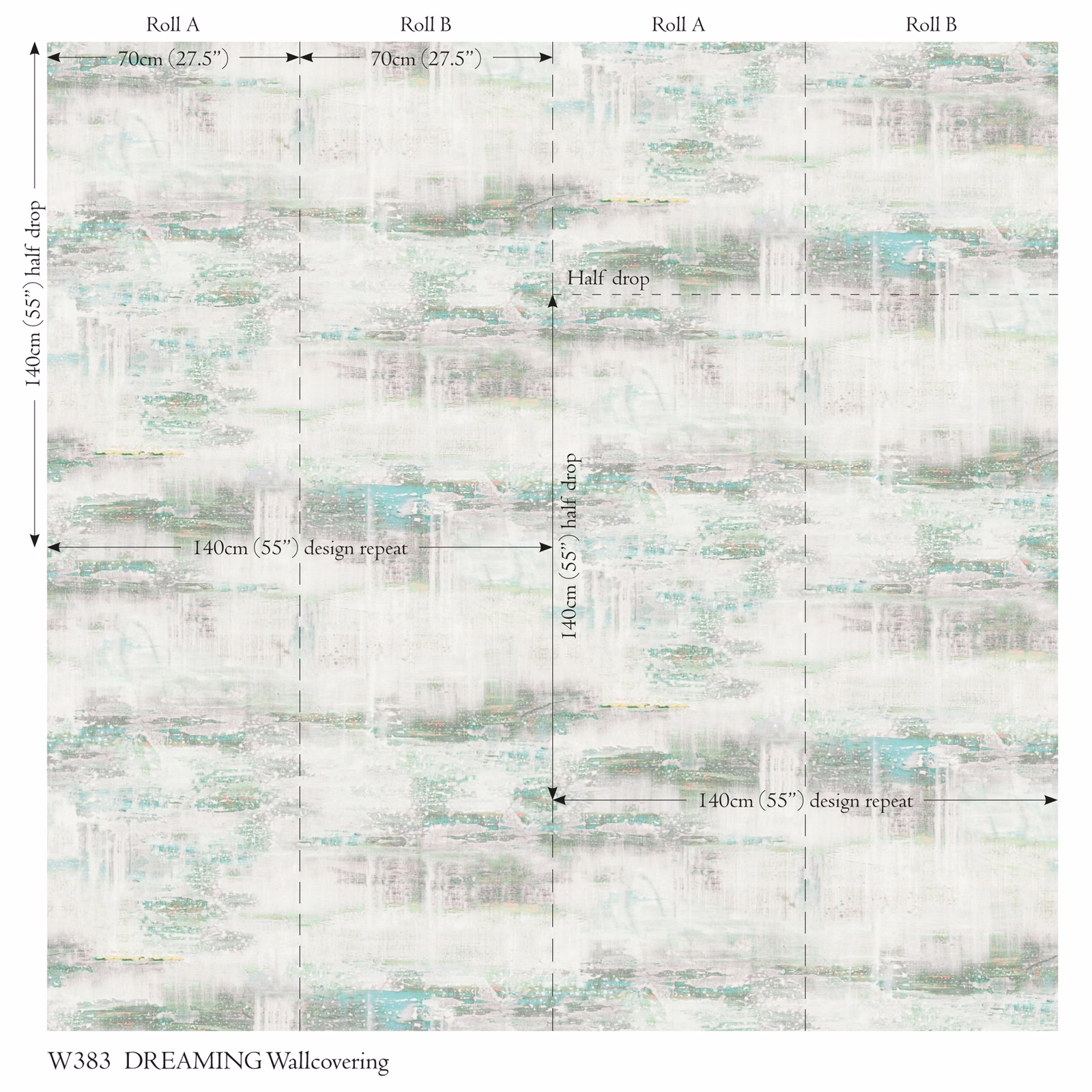 Frost white wallcovering with pale aqua and grey abstract brush marks
