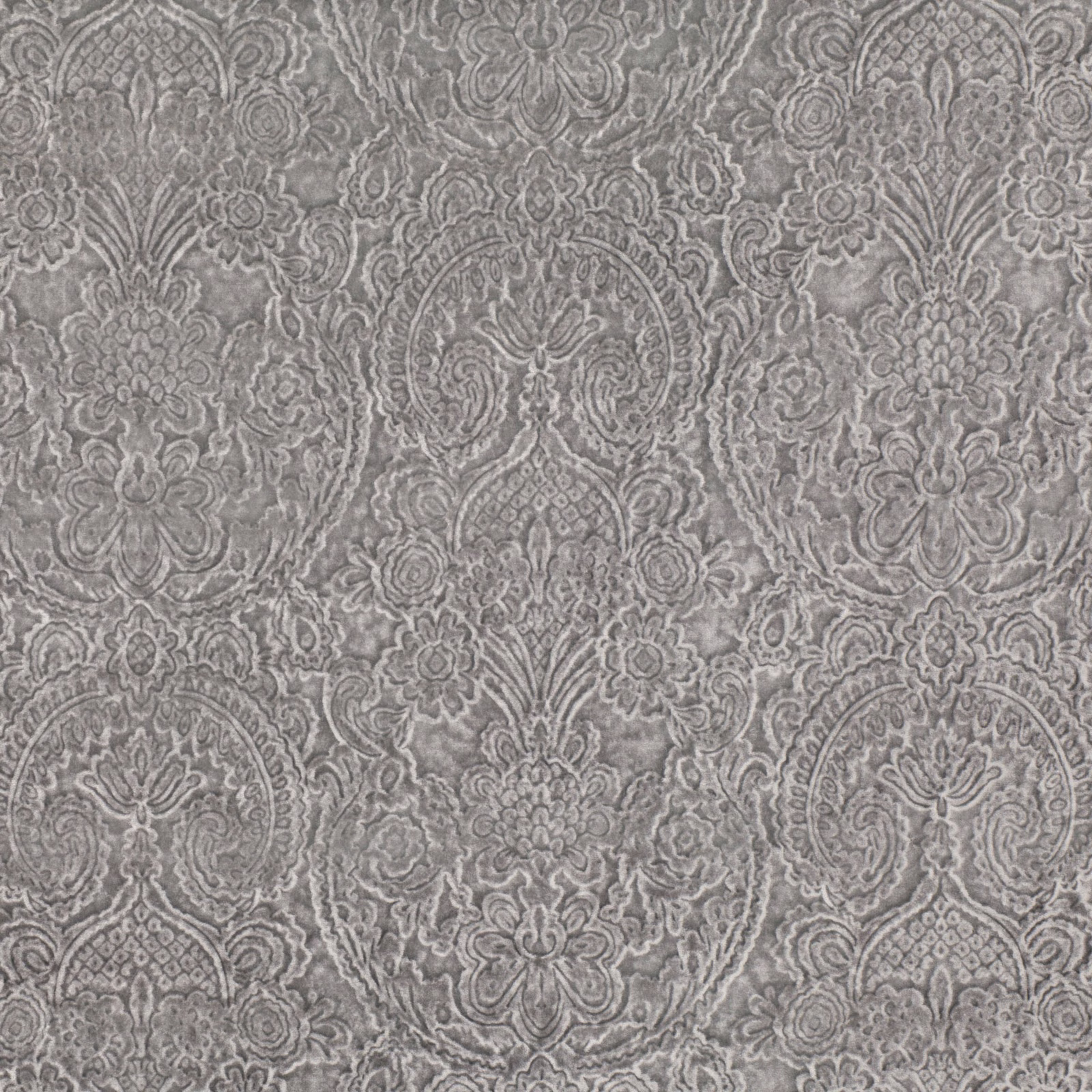 Cool grey damask swatch with tonal floral scrolls and softly textured detail