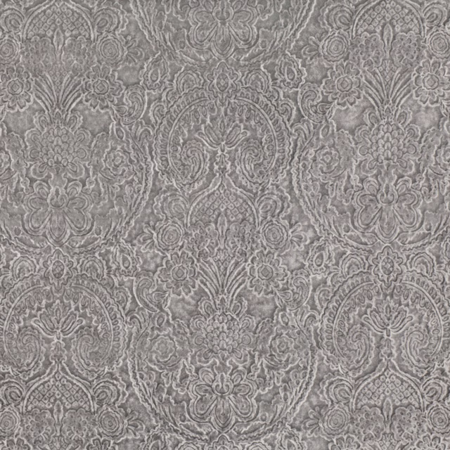 Cool grey damask swatch with tonal floral scrolls and softly textured detail