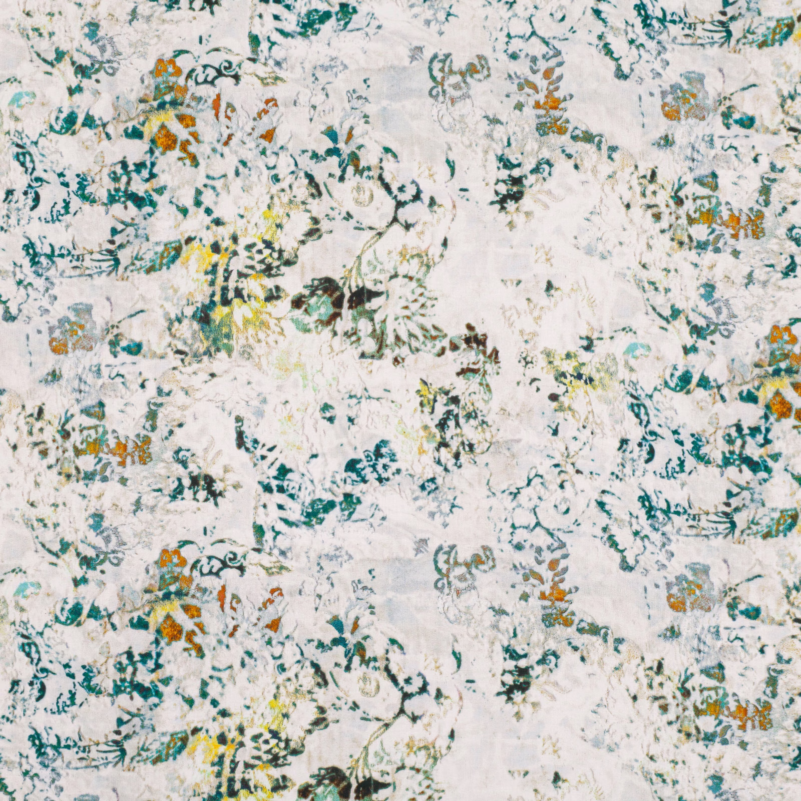 Pale agate fabric with teal, ochre and grey botanical filigree marks