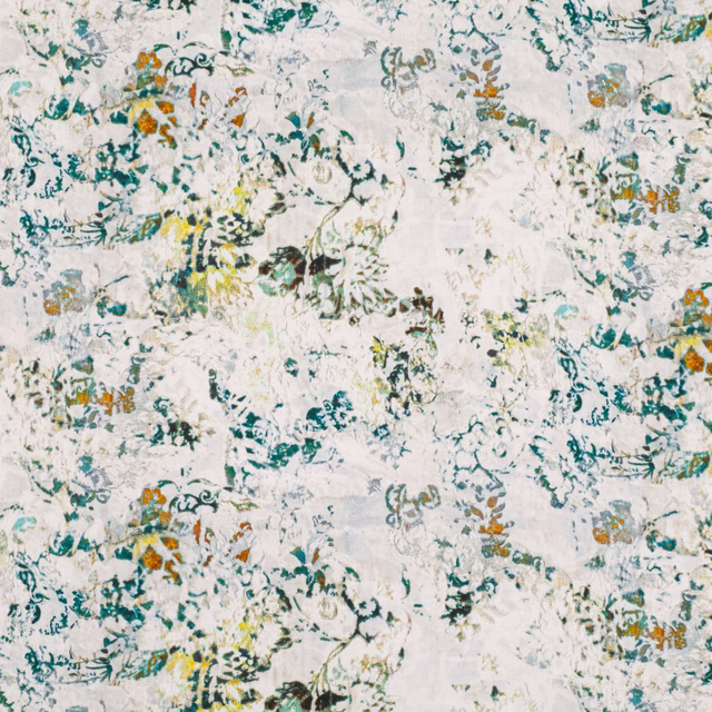 Pale agate fabric with teal, ochre and grey botanical filigree marks