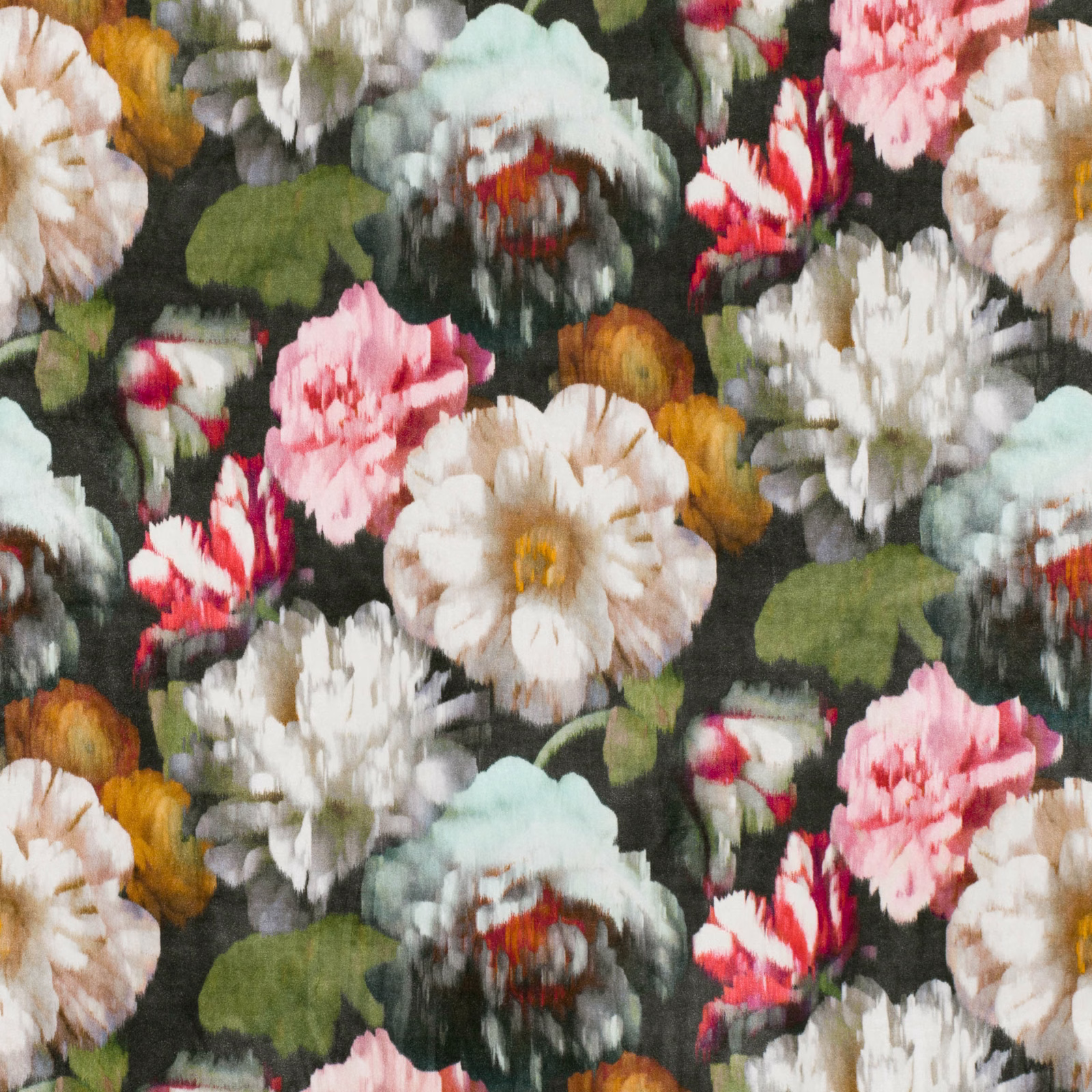 Cinnabar floral fabric with cream, pink and aqua blooms on a dark green ground