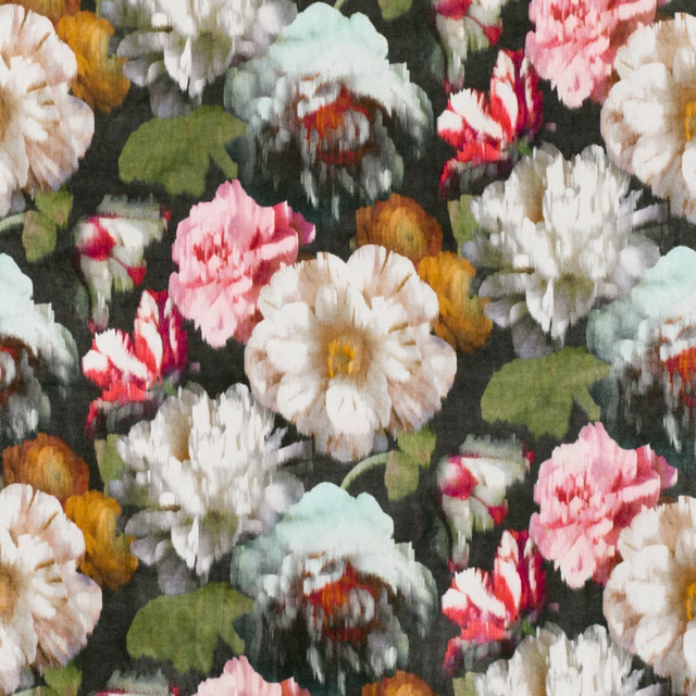 Cinnabar floral fabric with cream, pink and aqua blooms on a dark green ground