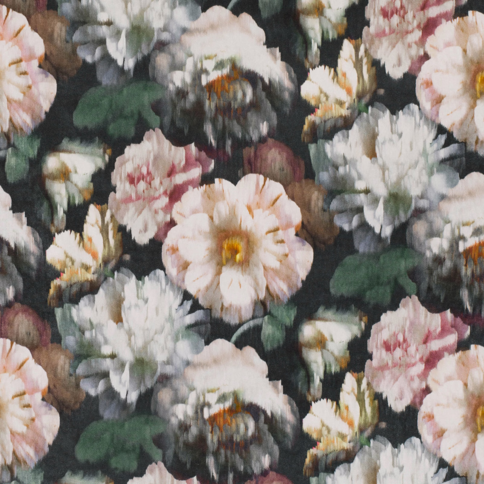 Charcoal floral fabric with blush, ivory and green painterly blooms