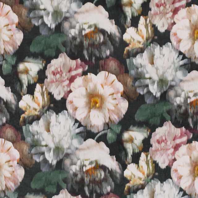Charcoal floral fabric with blush, ivory and green painterly blooms