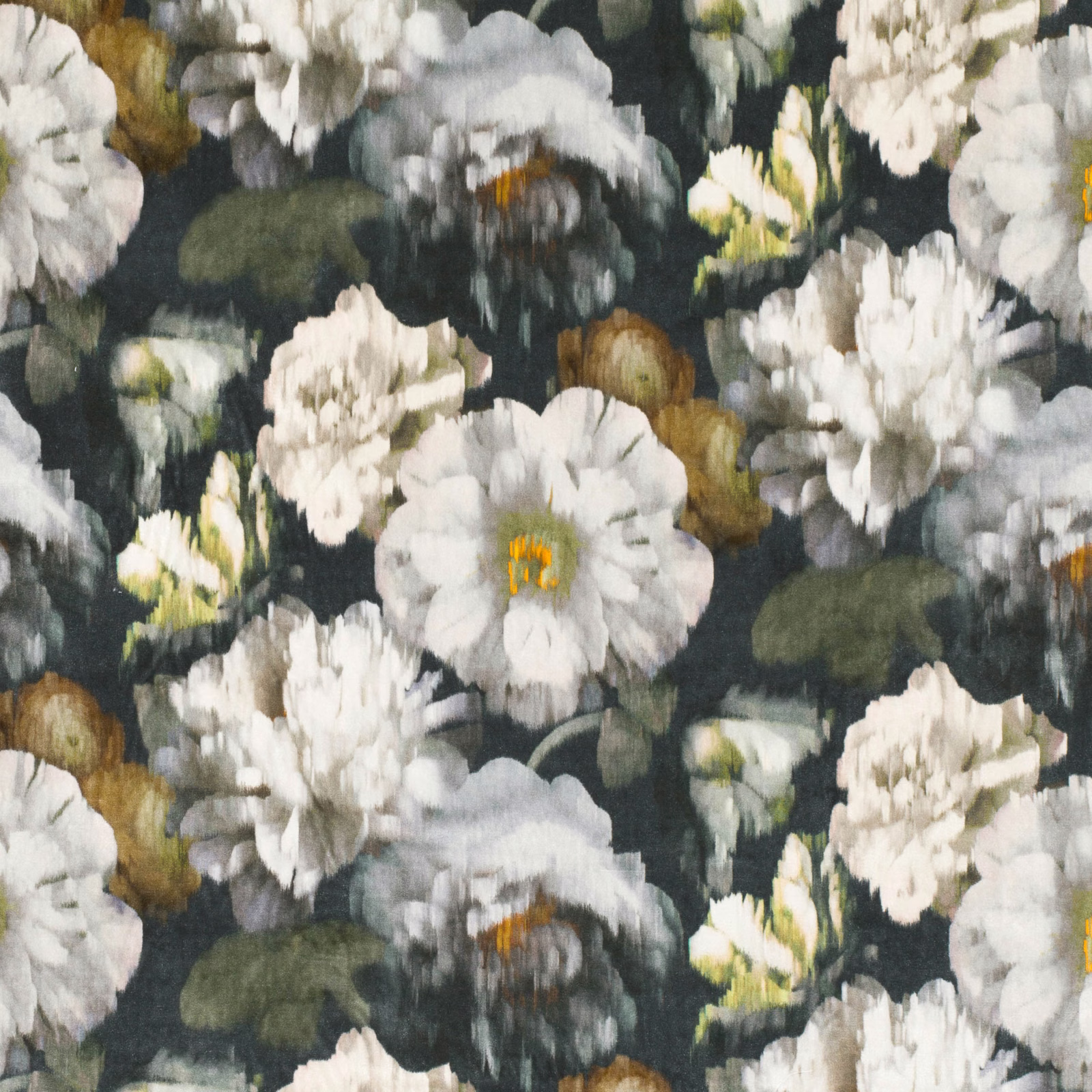 Charcoal floral fabric with ivory blooms, grey flowers and muted olive foliage