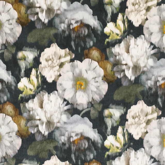 Charcoal floral fabric with ivory blooms, grey flowers and muted olive foliage