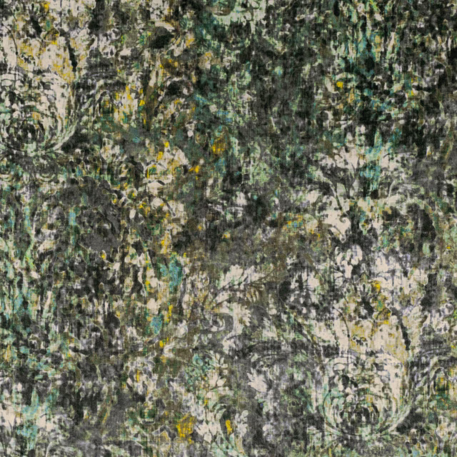 Dense painterly textile in charcoal, moss, teal, cream and yellow flecks