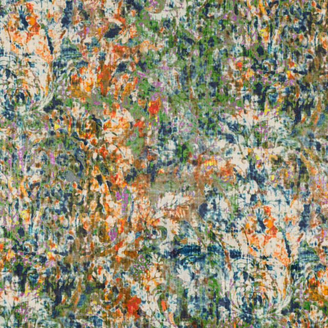 Dense painterly textile with vermillion, teal, green and cream flecks