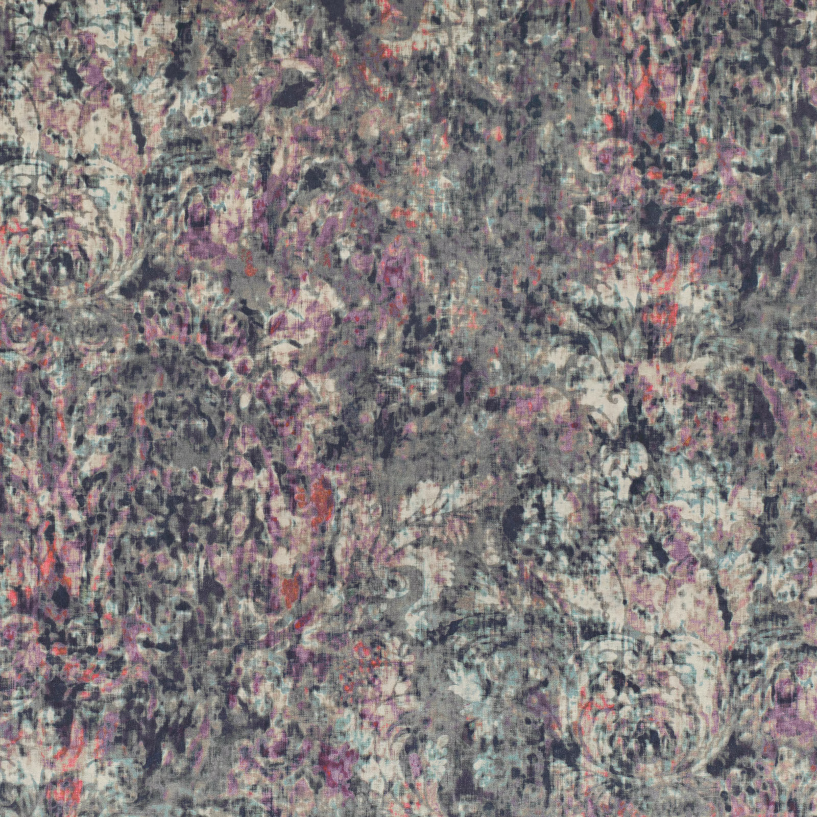 Charcoal mauve textile with dusty pink, sage and coral painterly floral motifs