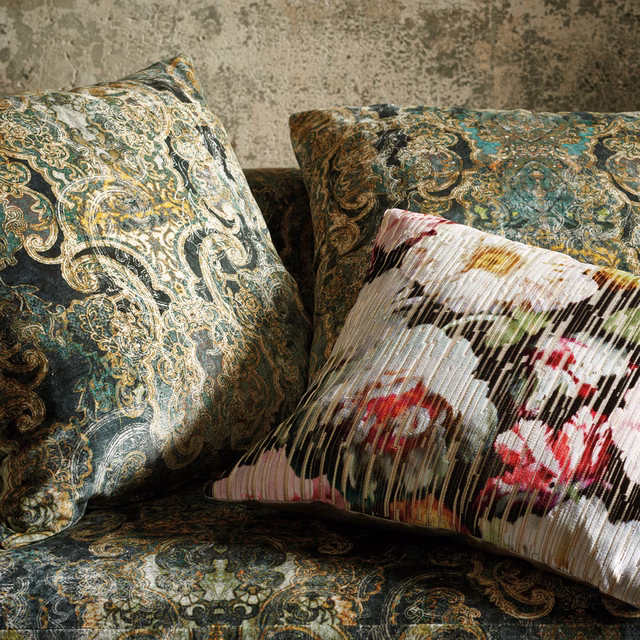 Deep teal Maroque fabric with cream paisley scrolls, antique-gold details and charcoal shading