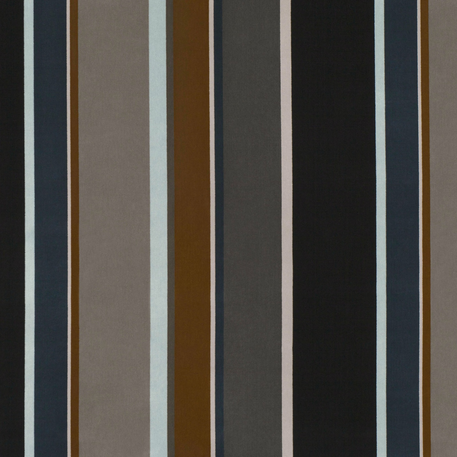 Gunmetal grey striped fabric with navy, brown, pale blue and black vertical bands