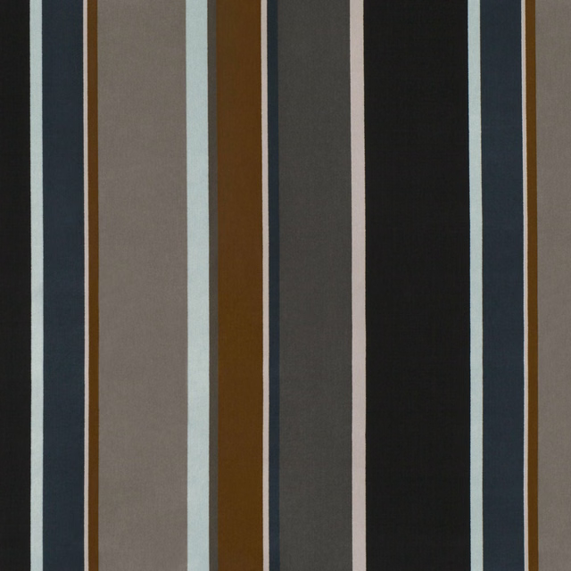 Gunmetal grey striped fabric with navy, brown, pale blue and black vertical bands