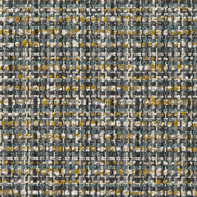 Close-up of Kiriko Teal’s nubby teal weave with mustard, cream and charcoal slubs