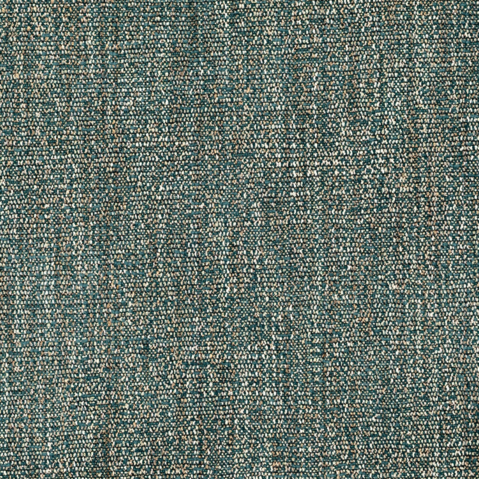 Close-up of muted teal woven fabric with dense cream flecks and mottled texture