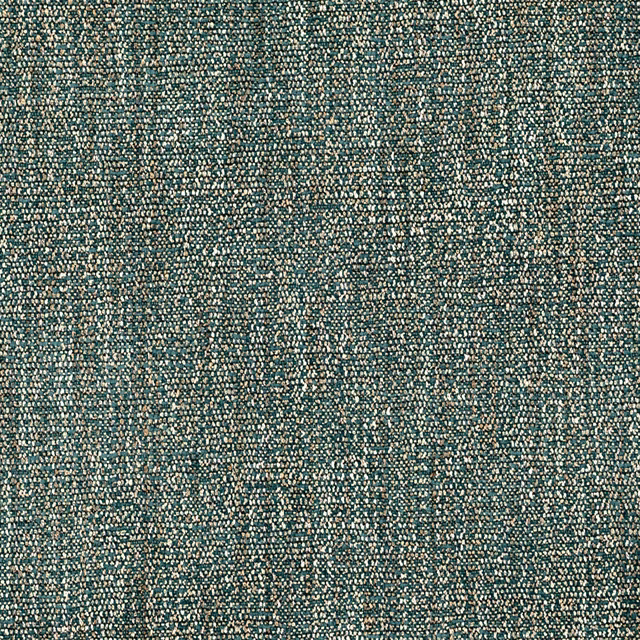 Close-up of muted teal woven fabric with dense cream flecks and mottled texture