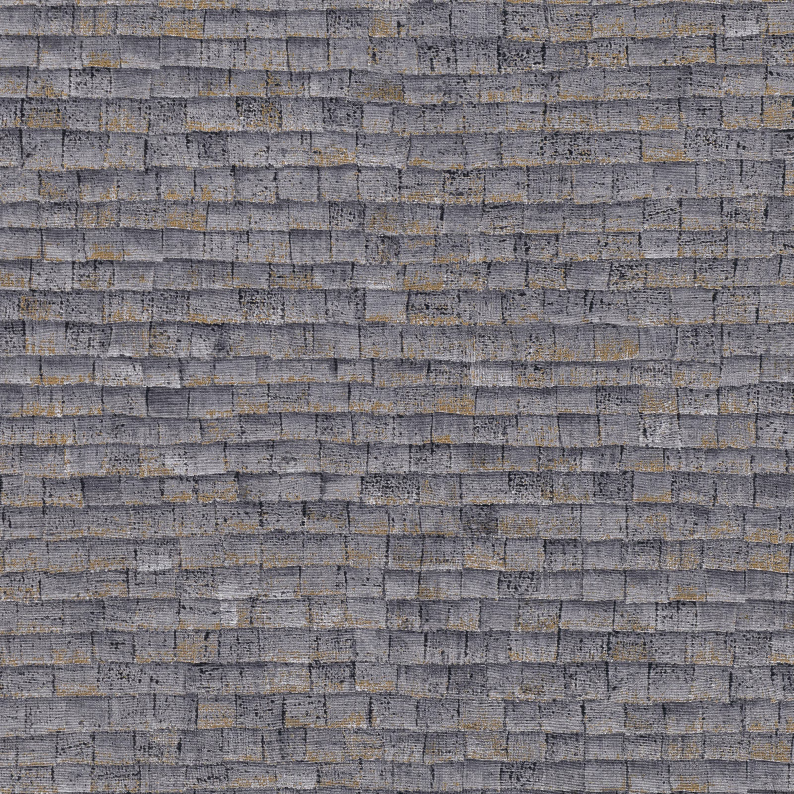 Cool flint-grey wallcovering with uneven horizontal blocks, fine striations and muted ochre flecks