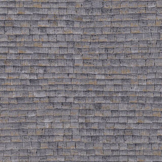 Cool flint-grey wallcovering with uneven horizontal blocks, fine striations and muted ochre flecks