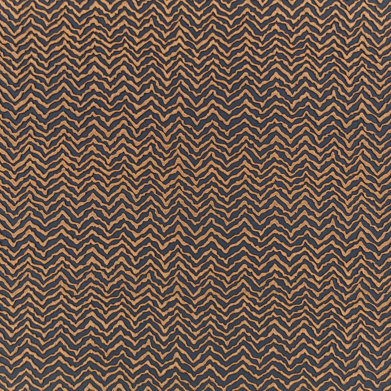 Burnished copper zigzags over a dark charcoal ground in a tactile fabric