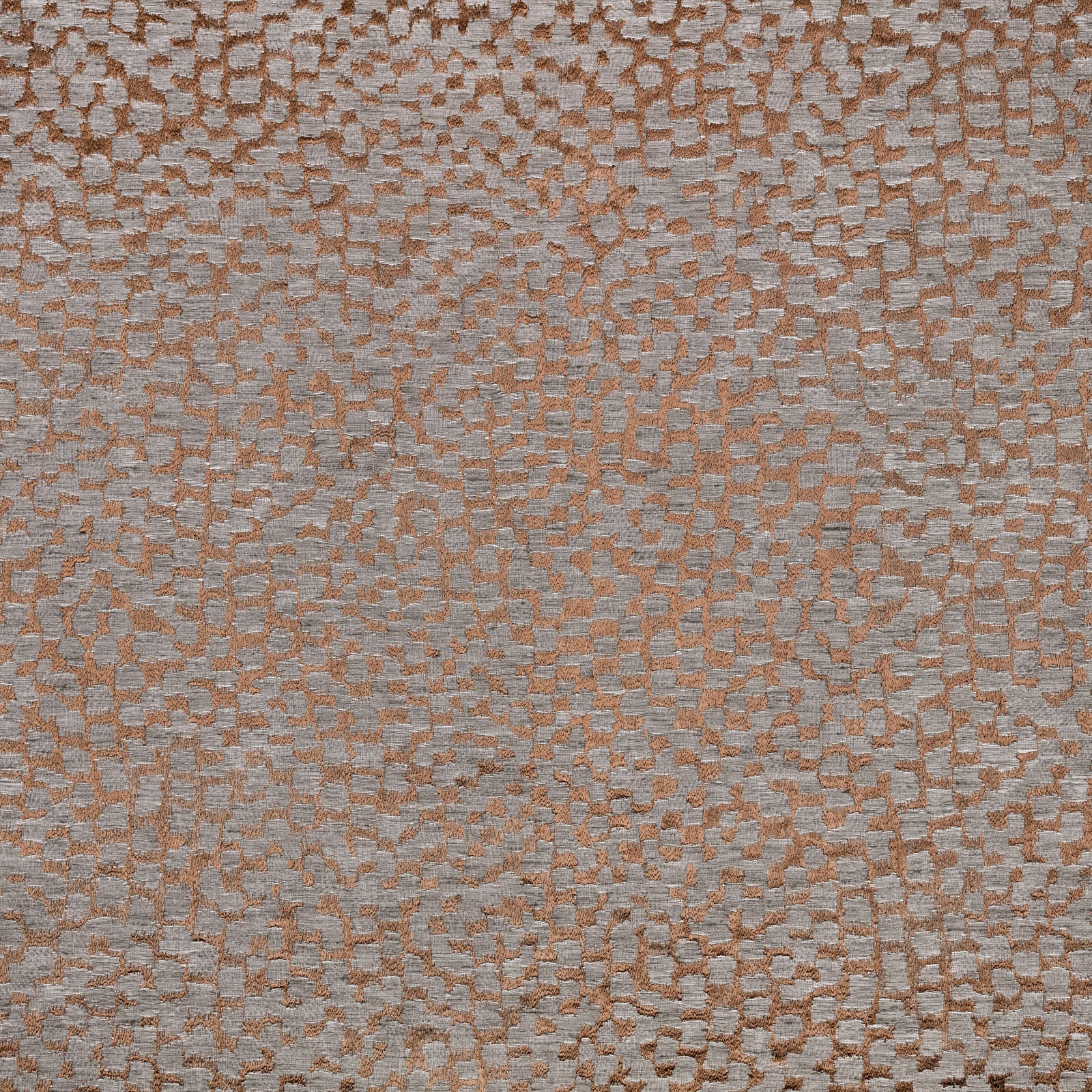 Muted copper irregular geometric weave over a blue-grey textured ground