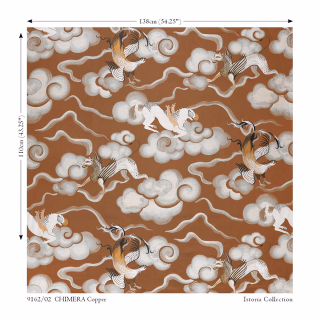 Copper-brown fabric with pale cranes, scrolling clouds and black feather details