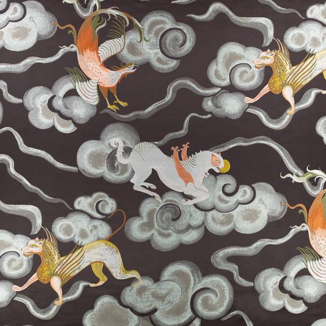 Charcoal Chimera Magma fabric with pale cloud scrolls and orange-gold mythical creatures