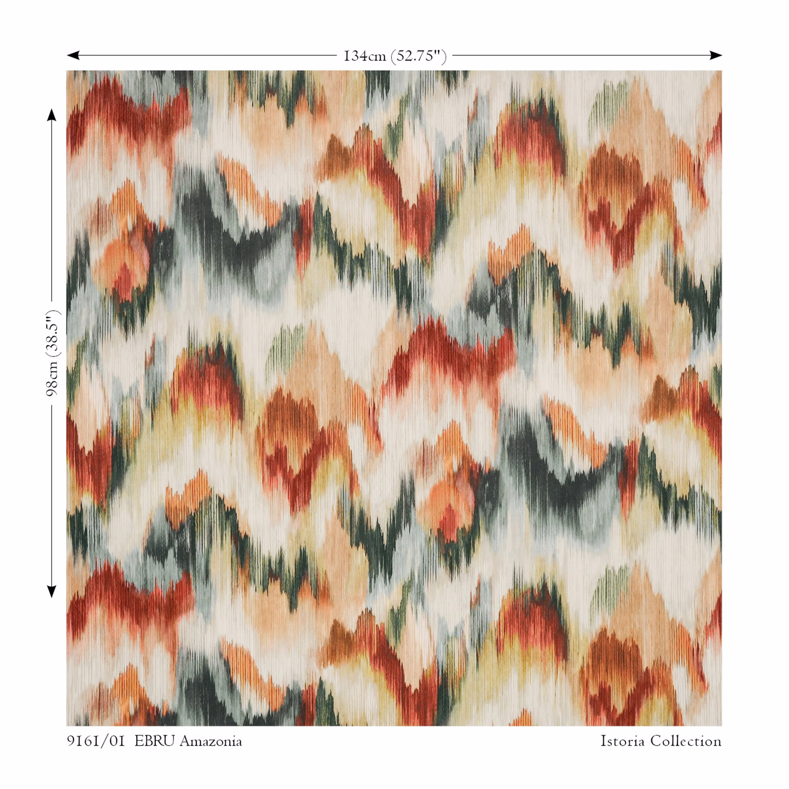 Cream Ebru Amazonia textile with coral, charcoal and sage ikat-like brush motifs