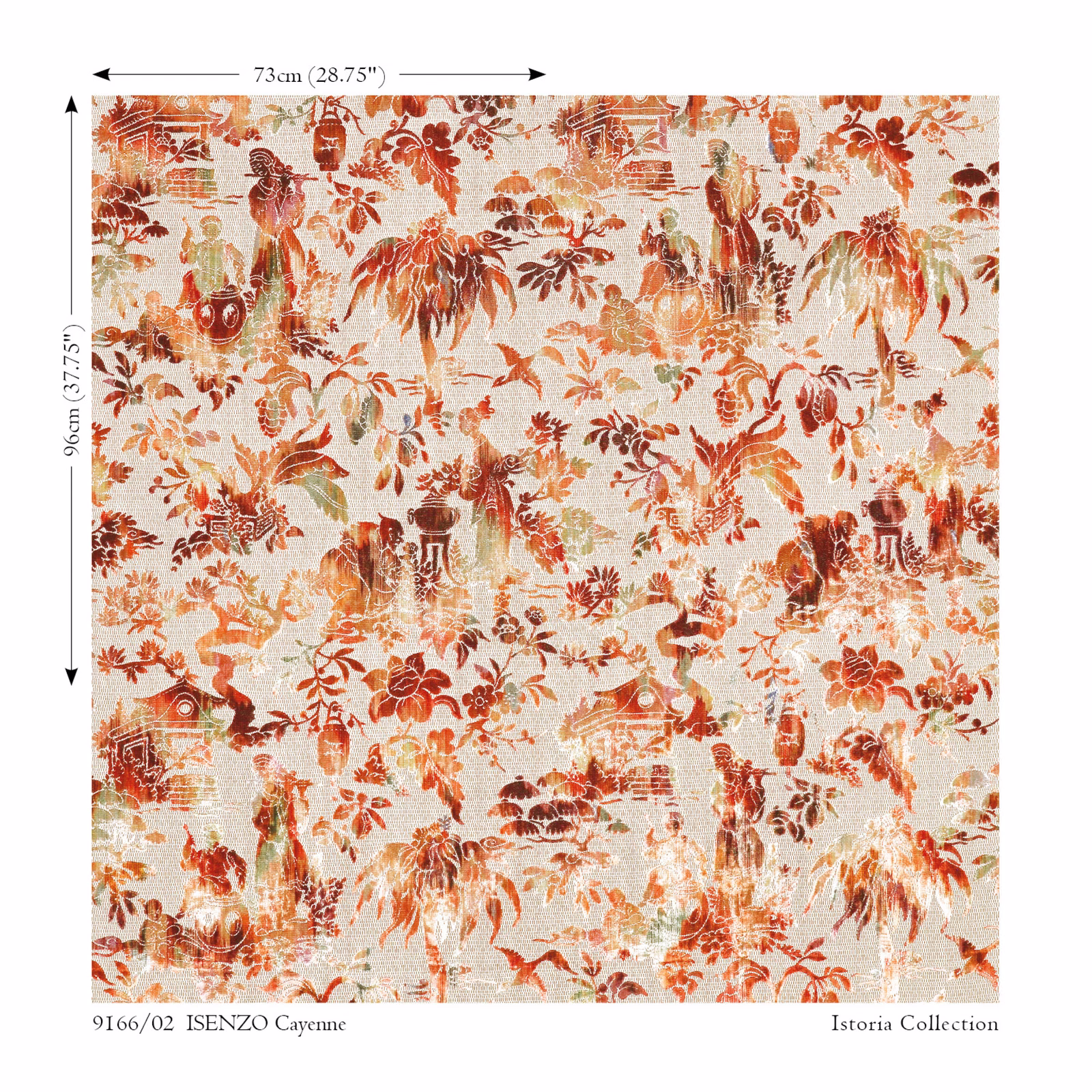 Warm ivory textile with rust chinoiserie figures, foliage and sage accents