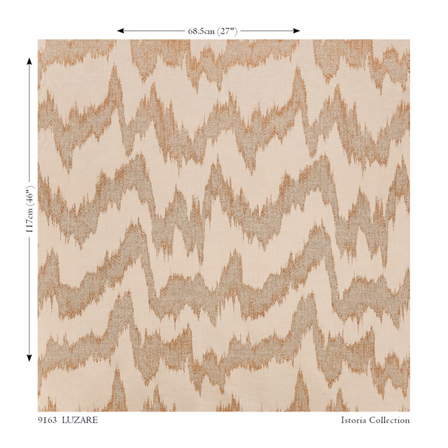 Cream woven fabric with irregular copper and taupe ikat-style zigzag bands