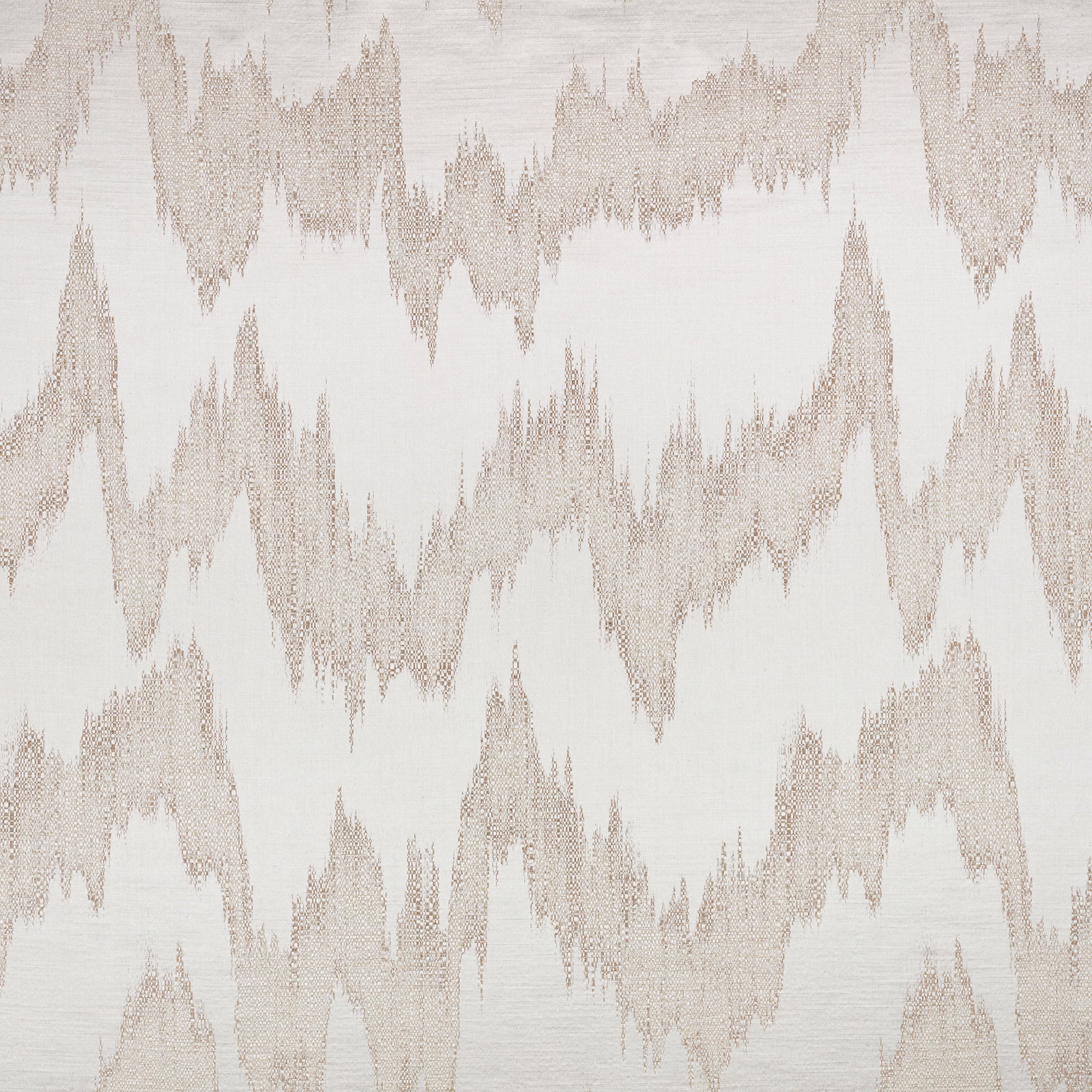 Ivory woven fabric with softly taupe jagged ikat motifs and visible texture