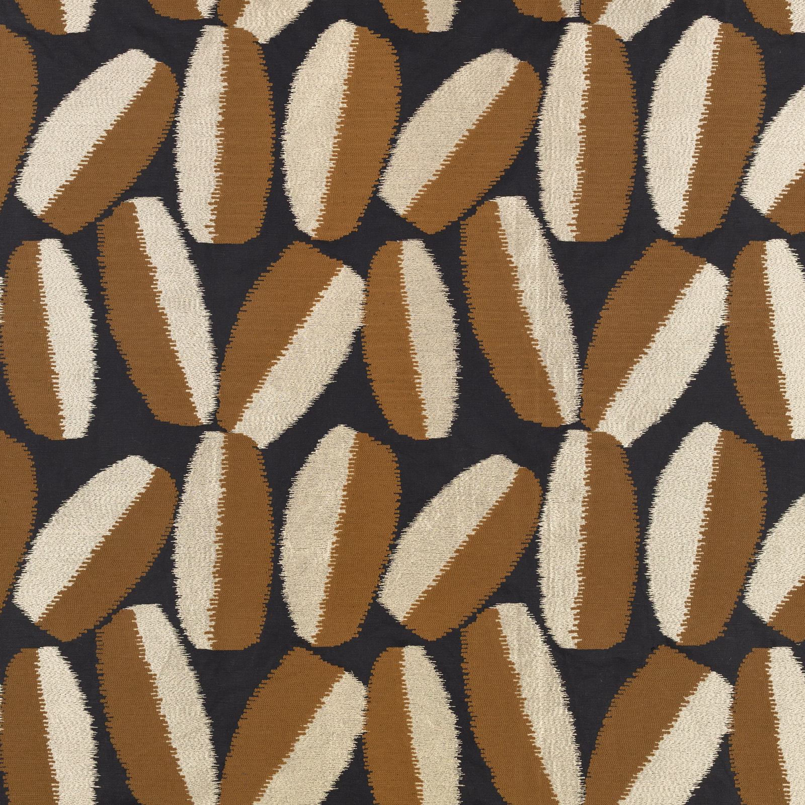 Charcoal fabric with staggered tan and ivory elongated capsule motifs