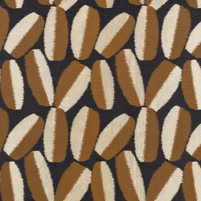 Charcoal fabric with staggered tan and ivory elongated capsule motifs