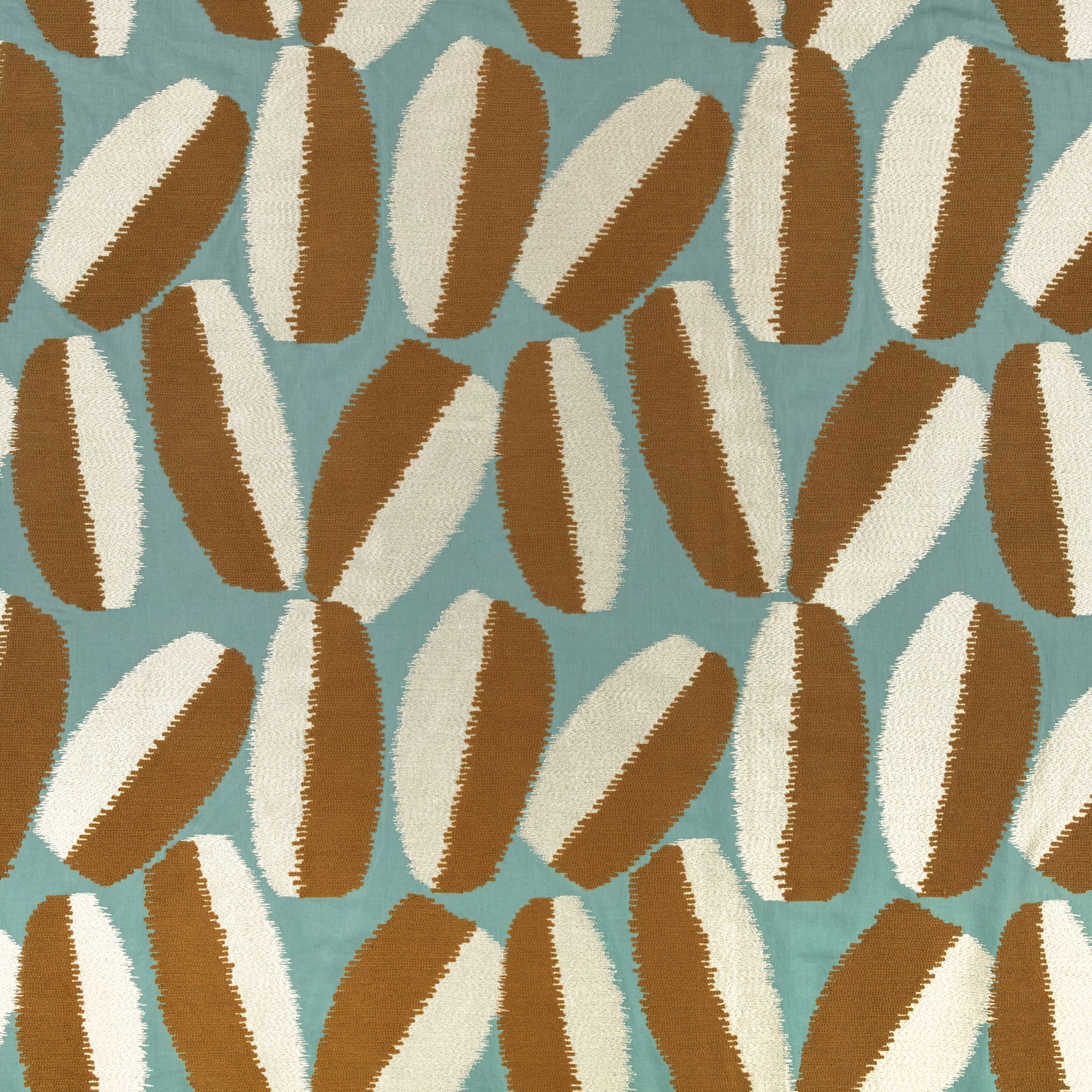 Blue-teal textile with ivory and brown elongated abstract motifs and softly textured edges