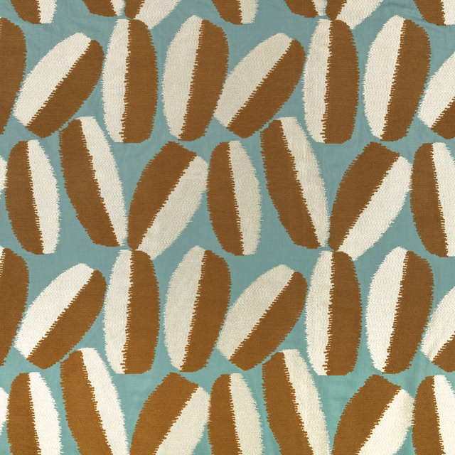 Blue-teal textile with ivory and brown elongated abstract motifs and softly textured edges