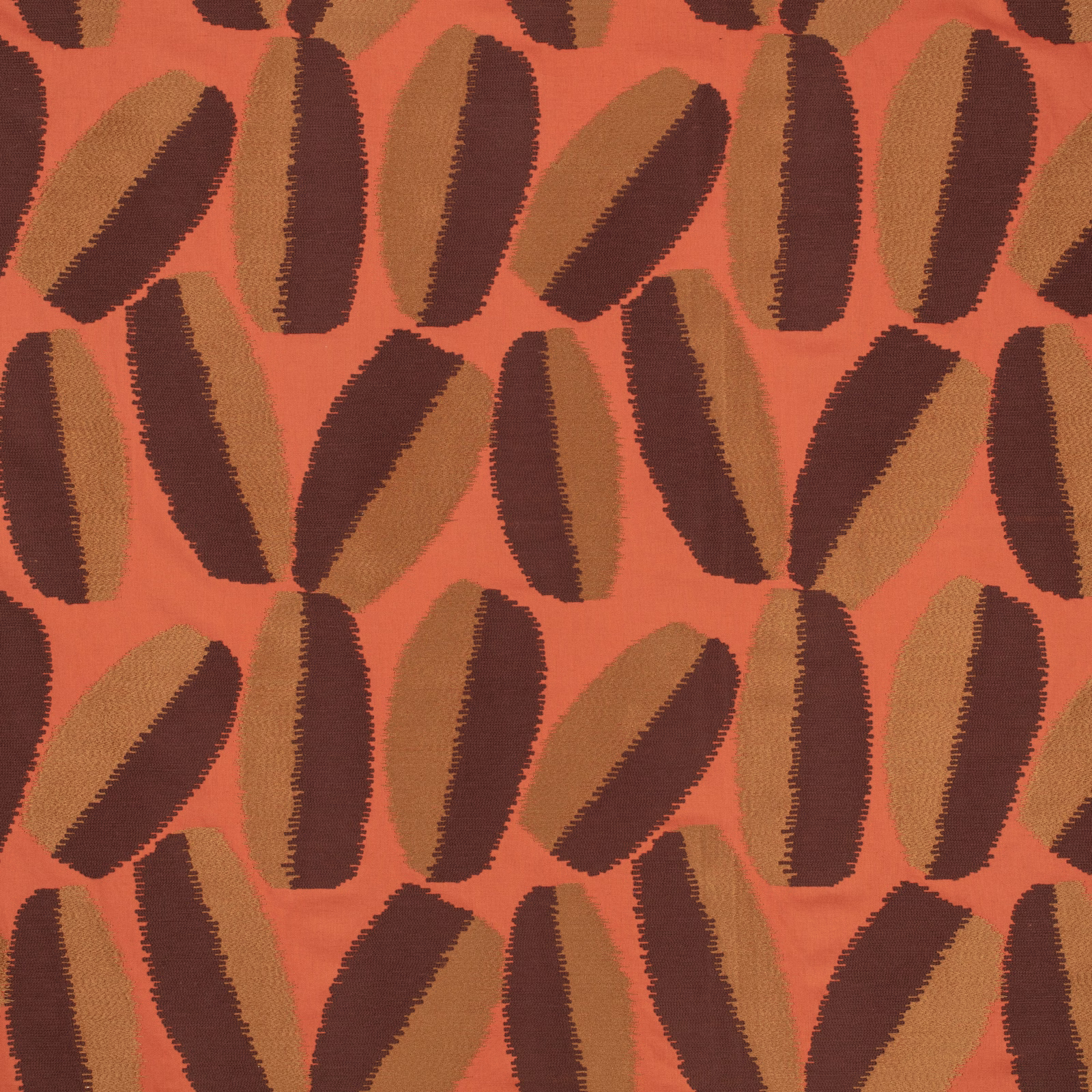 Warm henna terracotta weave with dark brown and ochre elongated motifs