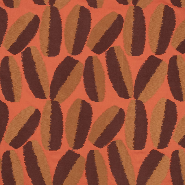 Warm henna terracotta weave with dark brown and ochre elongated motifs
