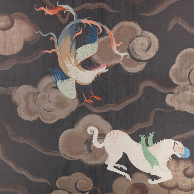 Charcoal wallpaper with crane, white mythical creature, taupe clouds and rust-blue details