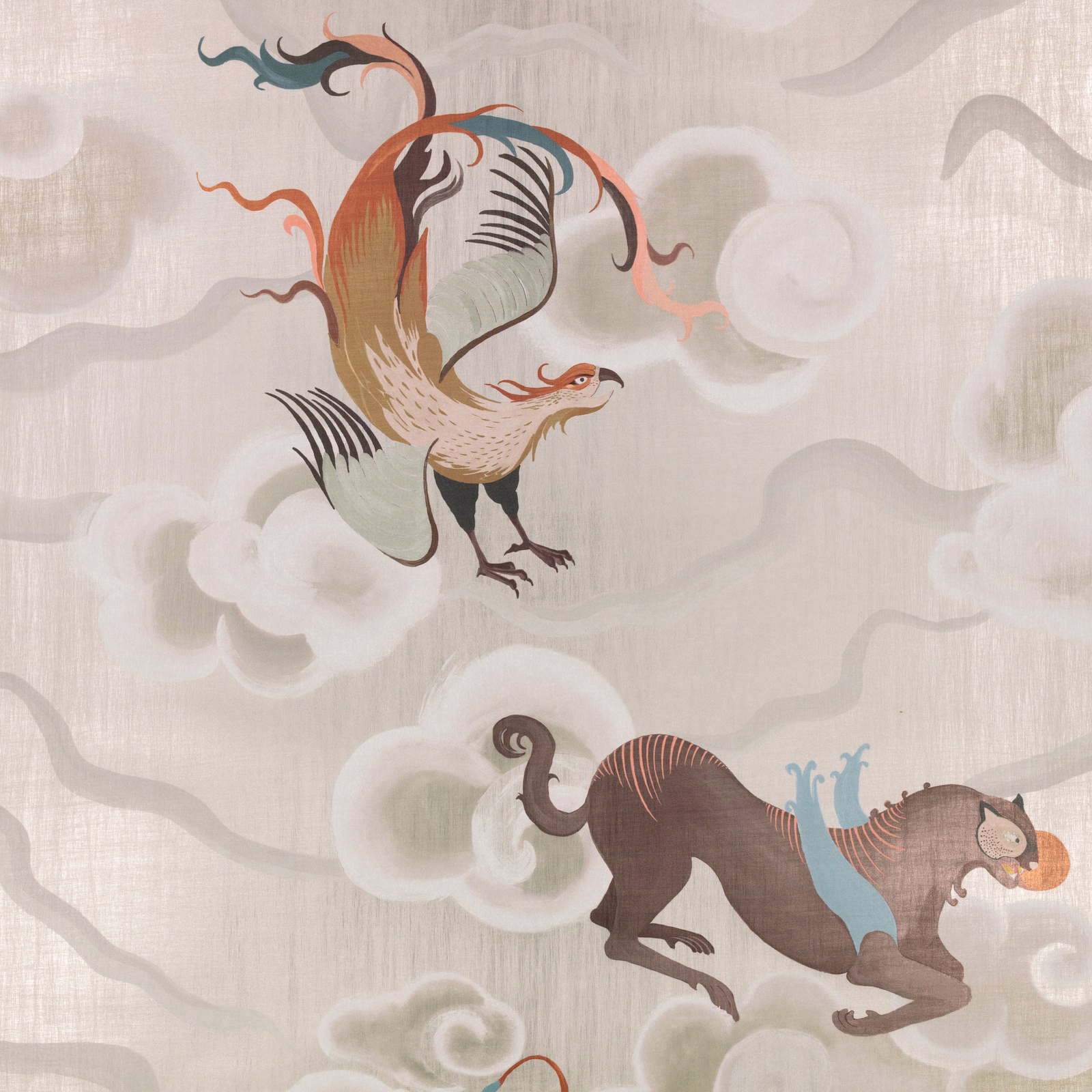 Moonstone grey wallpaper with illustrated bird, leaping creature and misty cloud motifs