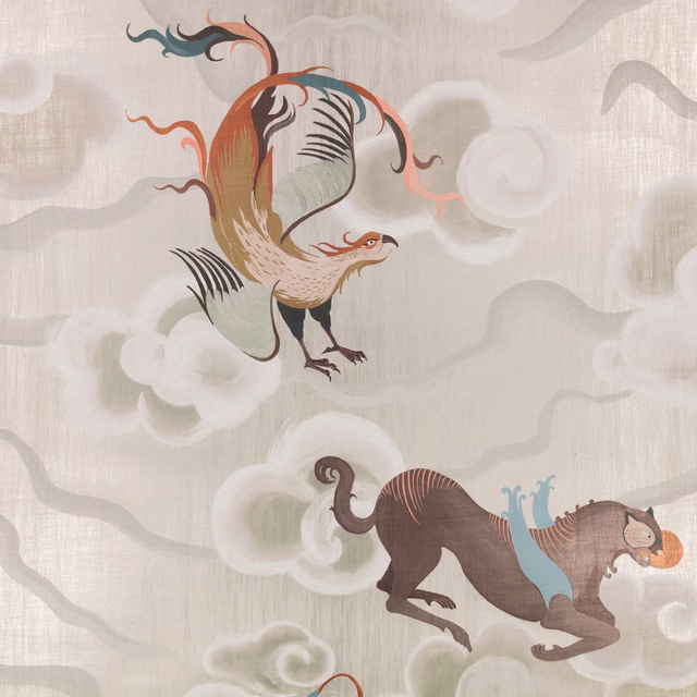 Moonstone grey wallpaper with illustrated bird, leaping creature and misty cloud motifs