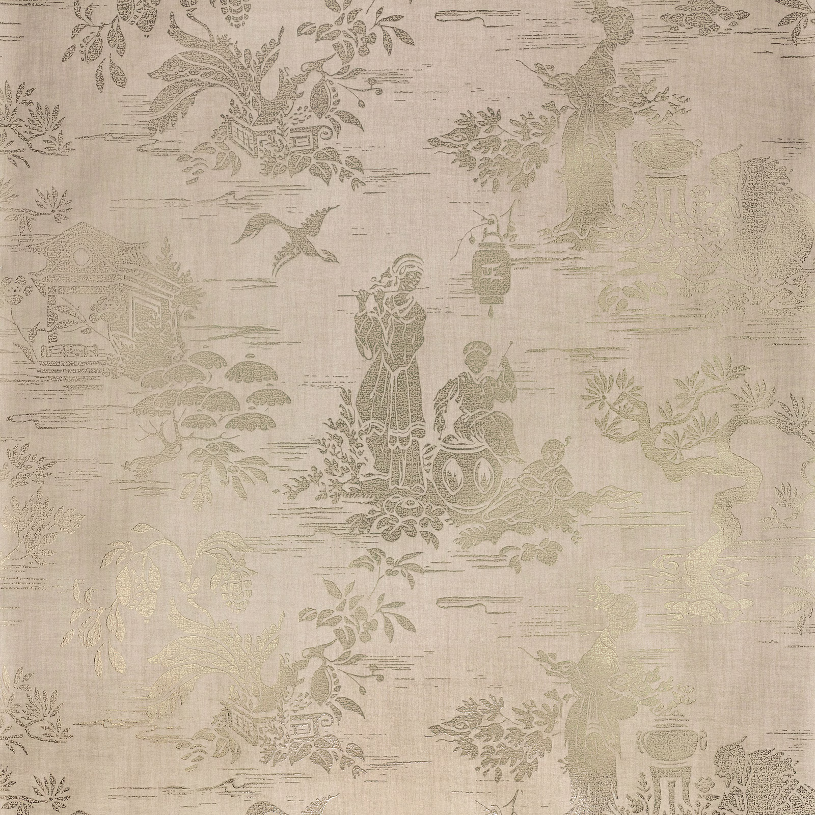 Warm parchment wallpaper with faded taupe chinoiserie scenes and horizontal distressed marks