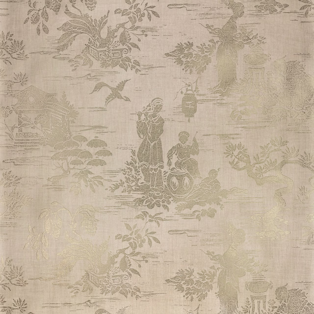 Warm parchment wallpaper with faded taupe chinoiserie scenes and horizontal distressed marks