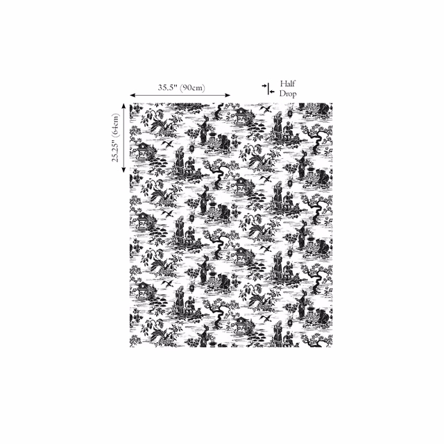 Black and ivory scenic wallpaper with pagodas, trees, birds and layered landscape motifs