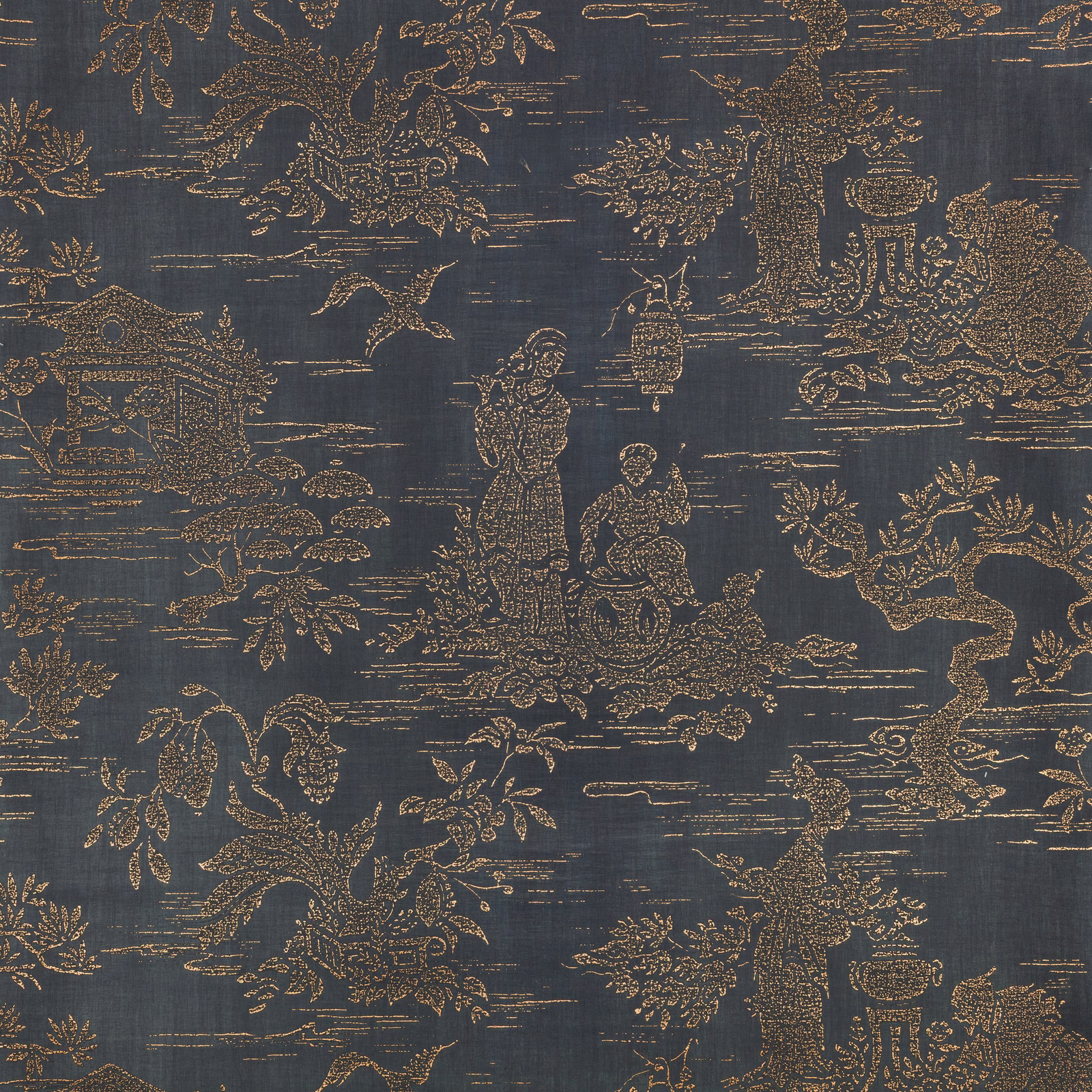 Charcoal blue-grey wallpaper with ochre-gold chinoiserie figures, birds and foliage