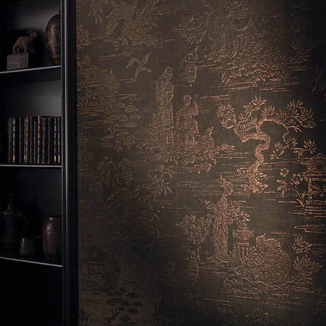 Deep espresso wallpaper with copper chinoiserie figures, pagodas, birds and trees